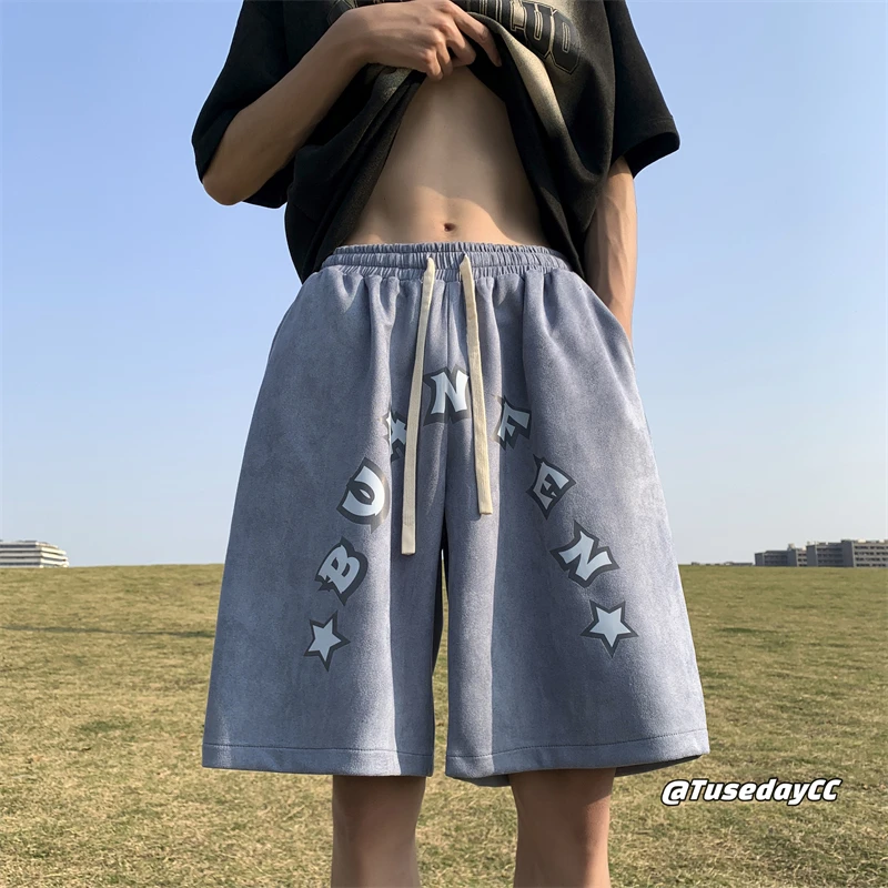 

American Retro y Men's ort Pants Summer Straight Loose Five-Point Letter Print Deer Skin Casual Pants