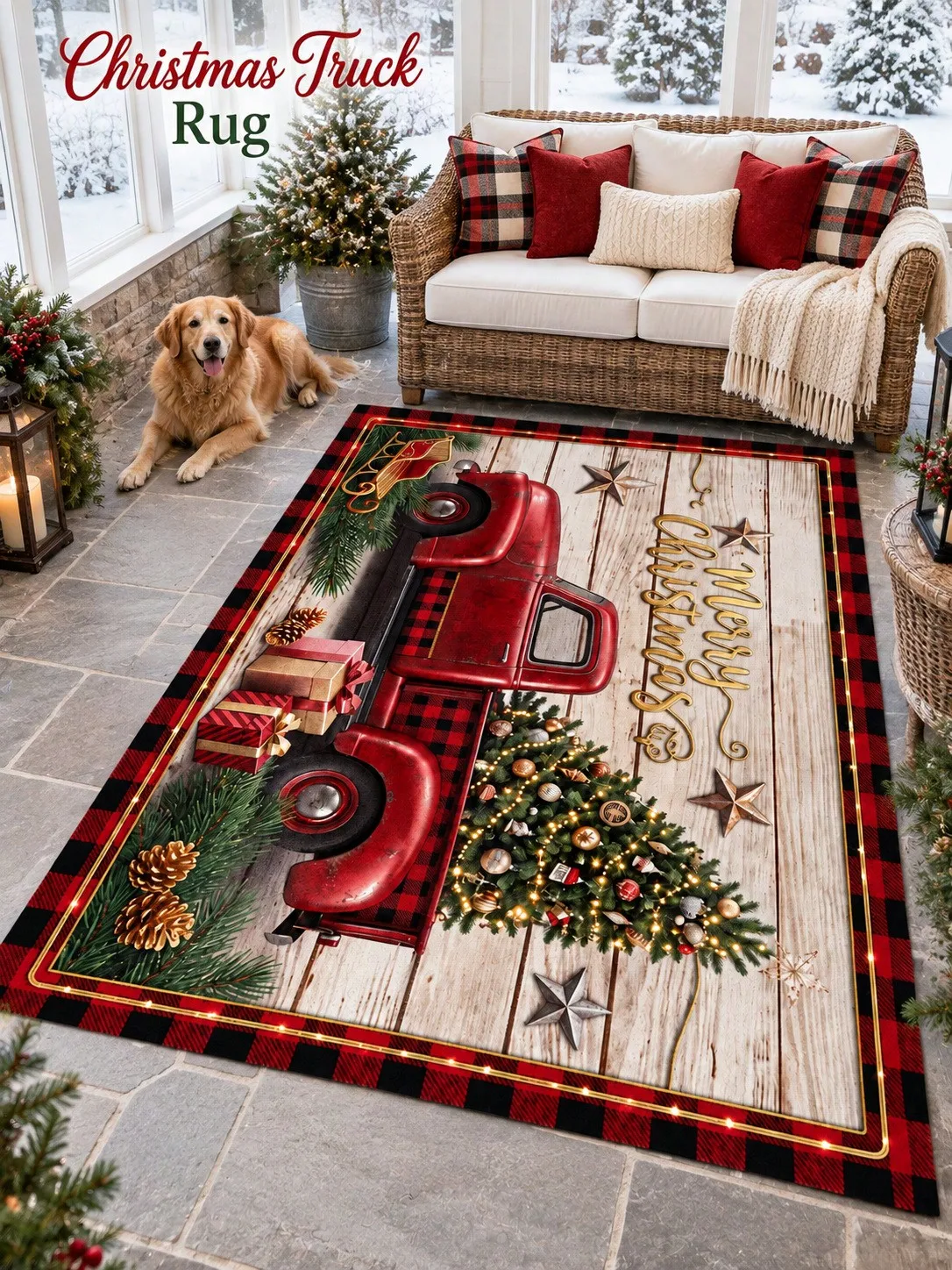 Christmas Rug Pickup Truck Tree Greetings Living Room Bedroom Entryway Hallway Floor Carpet Gift for Family Friends Neighbors Winter Thanksgiving Birthday Anniversary Housewarming Apartment Cabin Farmhouse Home Styling Sofa Side Reading Nook