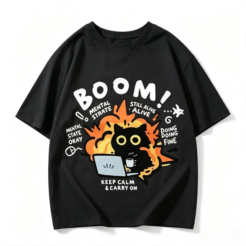 Cartoon Explosion Black Cat Laptop Graphic Men T Shirt Casual Cotton Short Sleeve Streetwear Tops