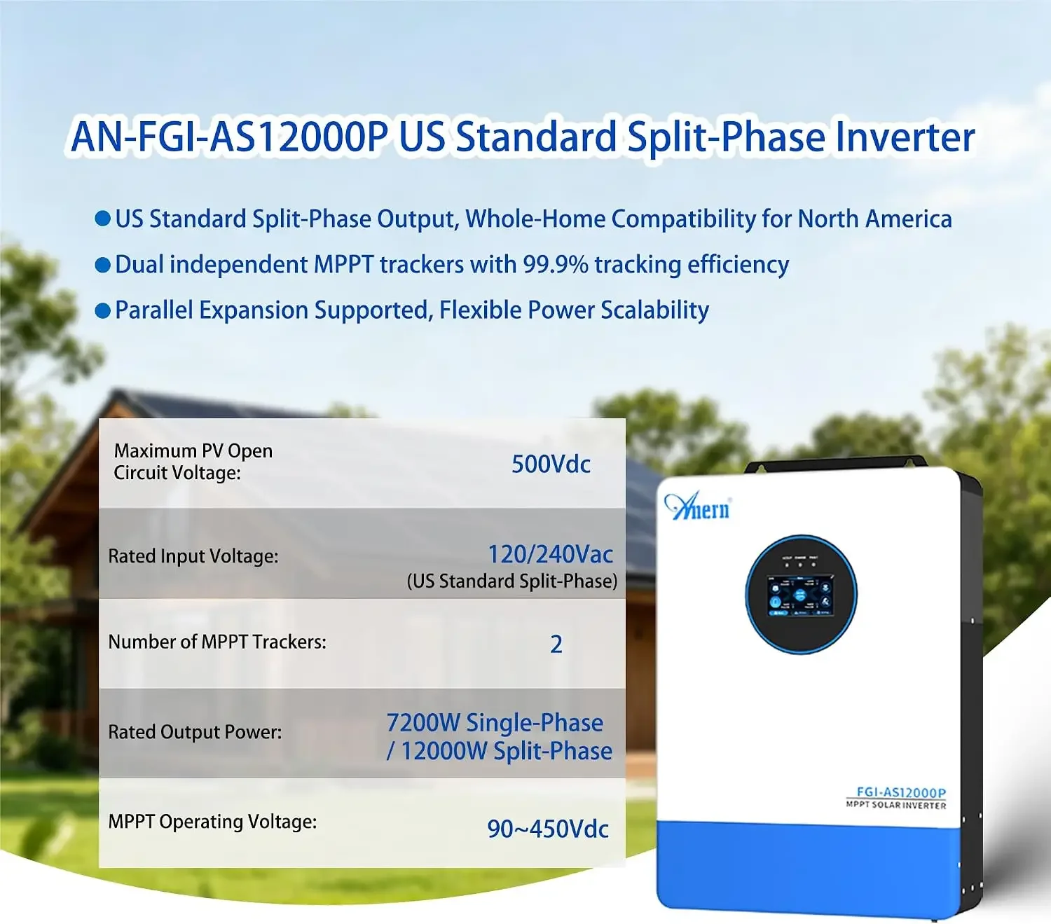 12000W Hybrid Solar Inverter 48V to 120V/240V Split Phase, Built-in 2 MPPT Solar Controllers, Max PV Input 18KW, Pure Sine Wave, 6 Unit Parallel for Home, RVs, Lead Acid/Li Battery, UL1741, FCC