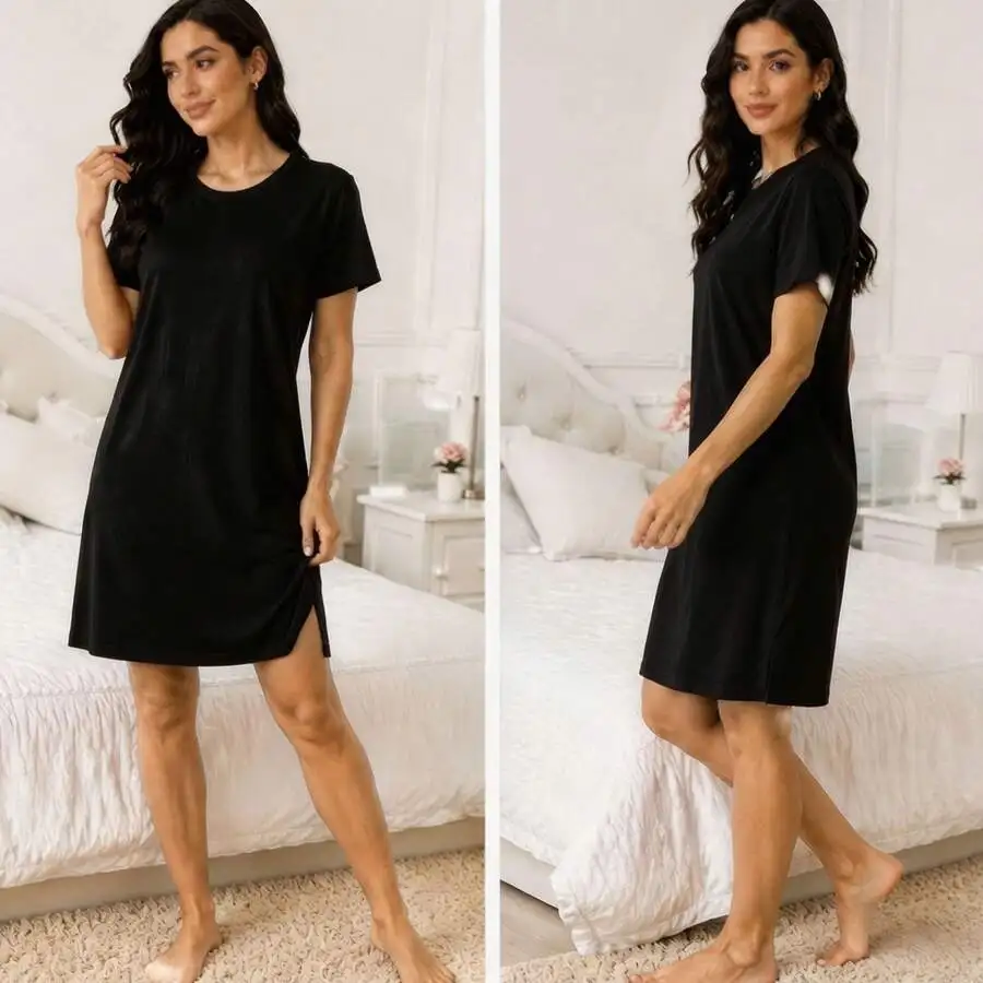 

Black Solid Short Sleeve Round Neck Nightgown Women Loose Fit Soft Breathable Pajama Dress For Sleep Loungewear