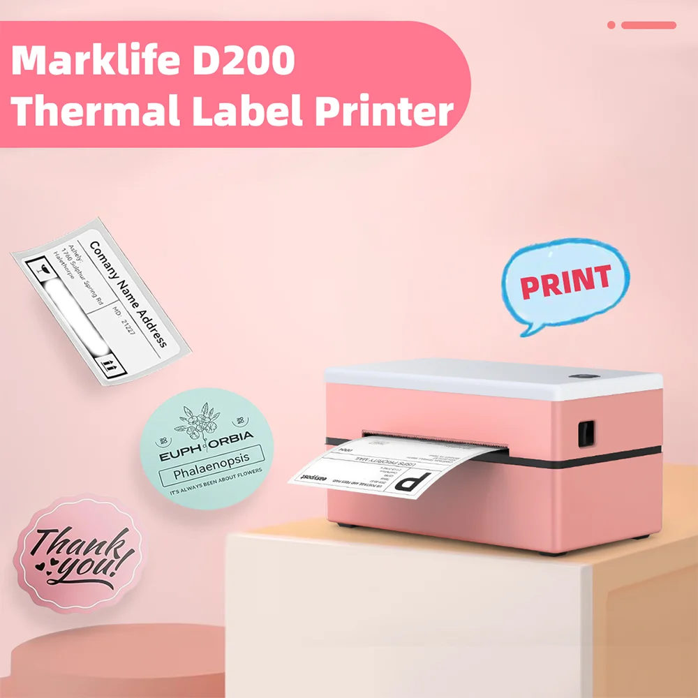

D200 Bluetooth Inkless Sticker Maker Printer Pink Small Shipping Label HD Printer Compatible with iPhone Android Mac Window