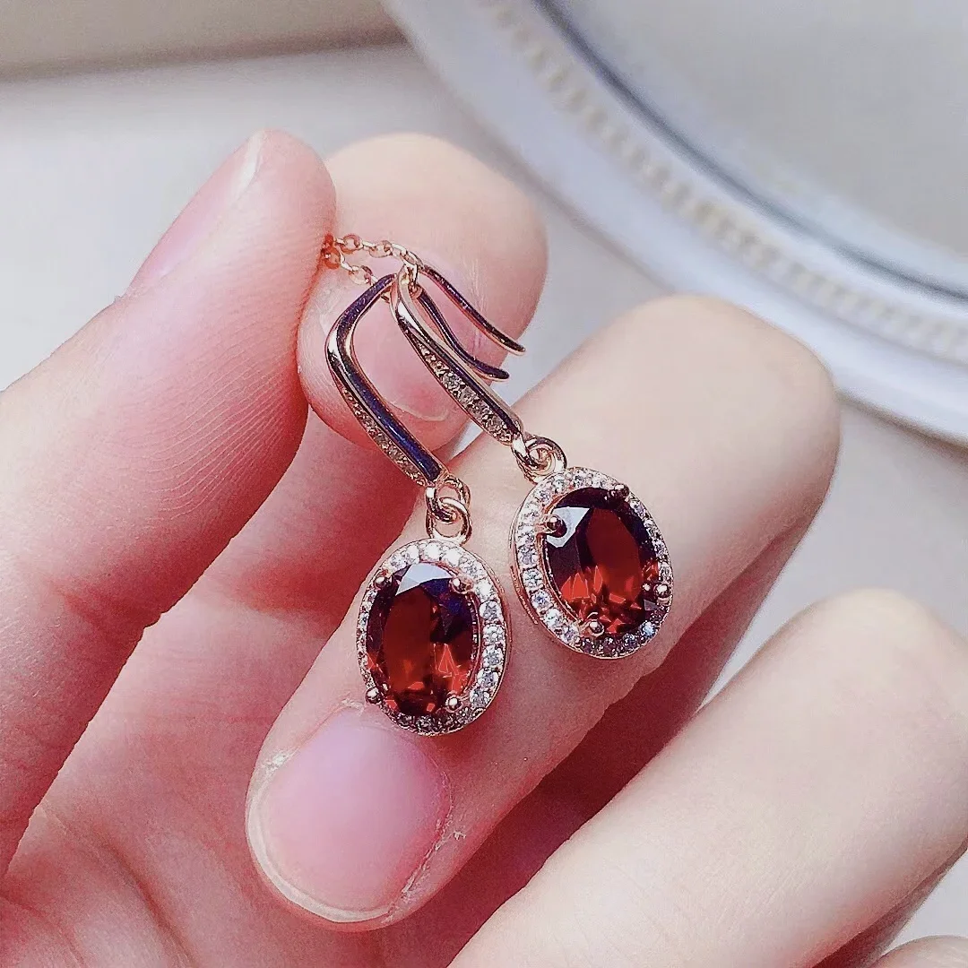 

Simple 925 Silver Garnet Dangle Total 2ct 6mm*8mm Natural Garnet Drop Earrings for Daily Wear Gift for Woman