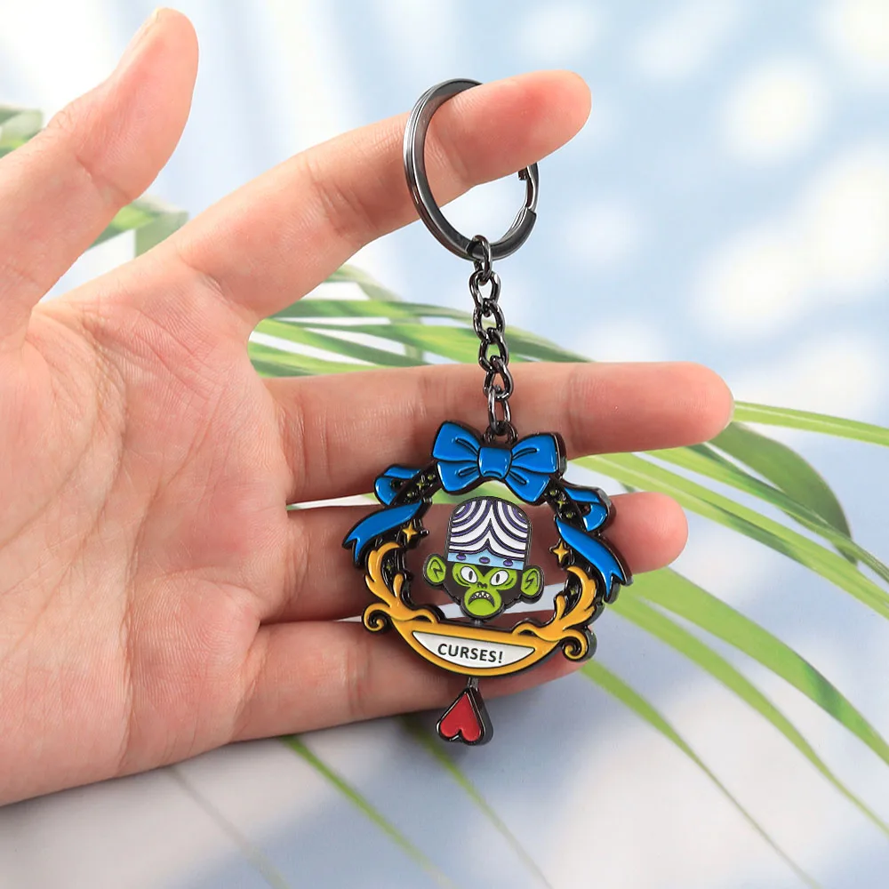 Lustiger Mojo Jojo Drehbarer Schlüsselanhänger, Doppelseitiger Spinning-Schlüsselring, Kawaii-Bösewicht-Figur, Metallanhänger, Taschendekoration, Geschenk für Fans – Detail 3