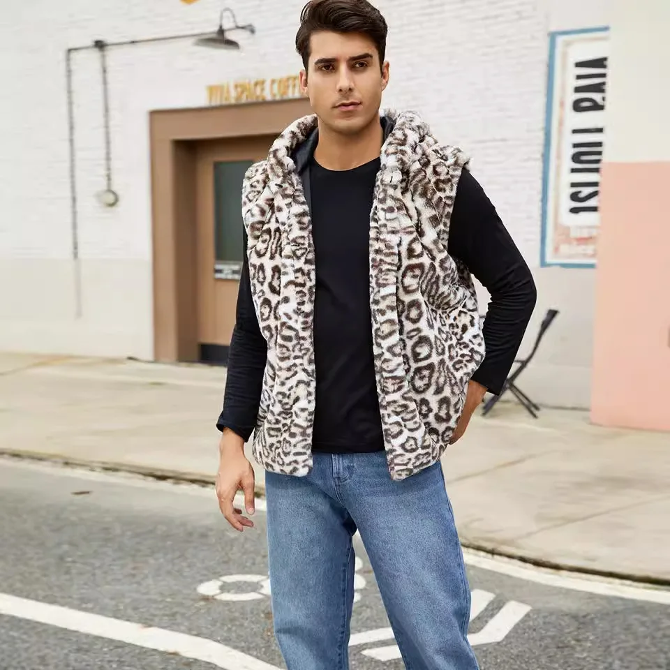 Winter New Fashion American European Men's Leopard Casual Trendy Sleeveless Hooded Faux Fur Vests Male 2025 Clothes Coats Tops