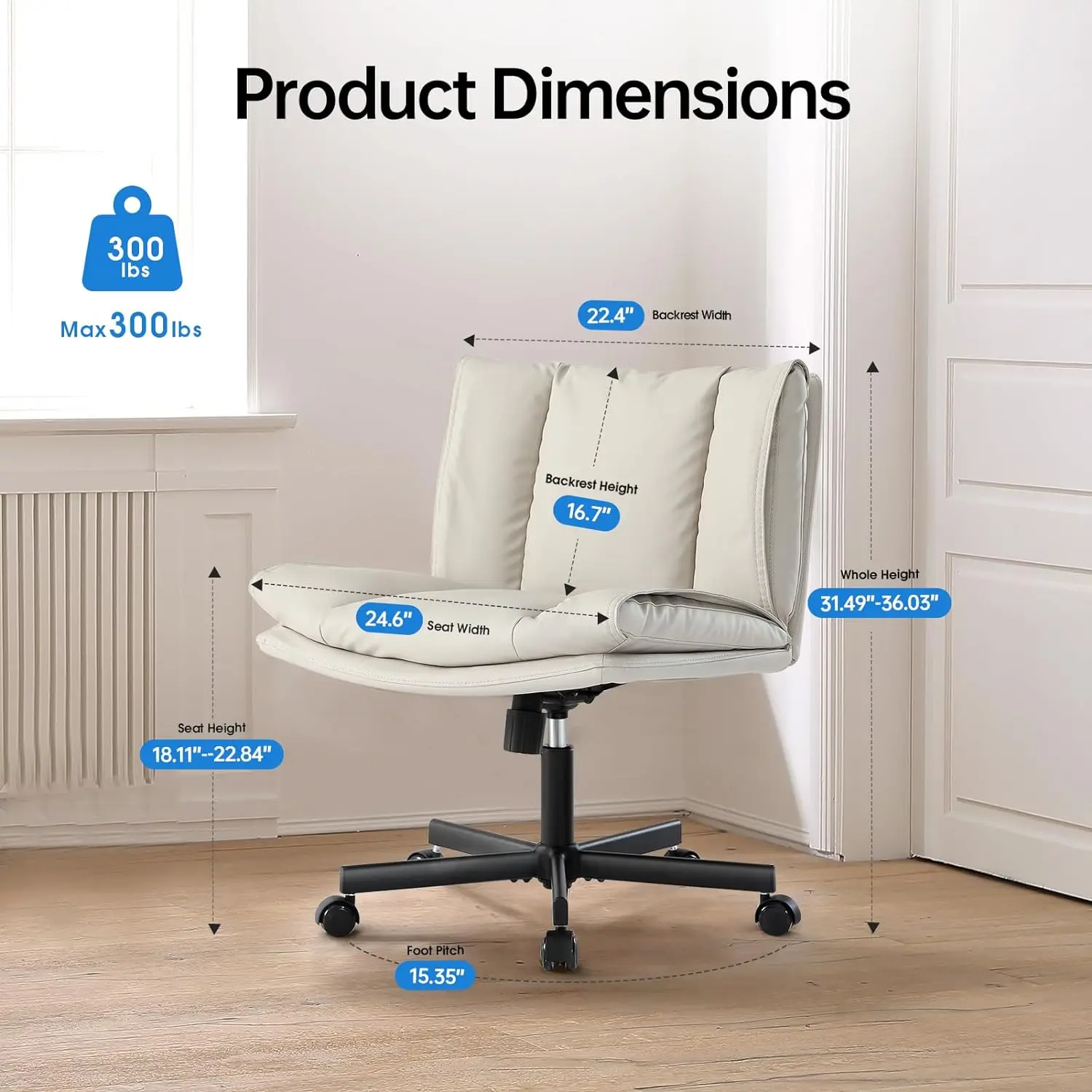 Criss Cross Legged Armless Office Chair PU Leather Home Comfy Vanity Chair Mid Back Wide Seat Fabric Padded Chair Bedroom Beige image 3