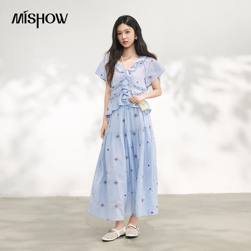 

MISHOW Women's Blue Floral Embroidery 2pcs Set Summer Ruffle V Neck Blouse Back Elastic Waist Midi Skirt Sets MXF28T1673
