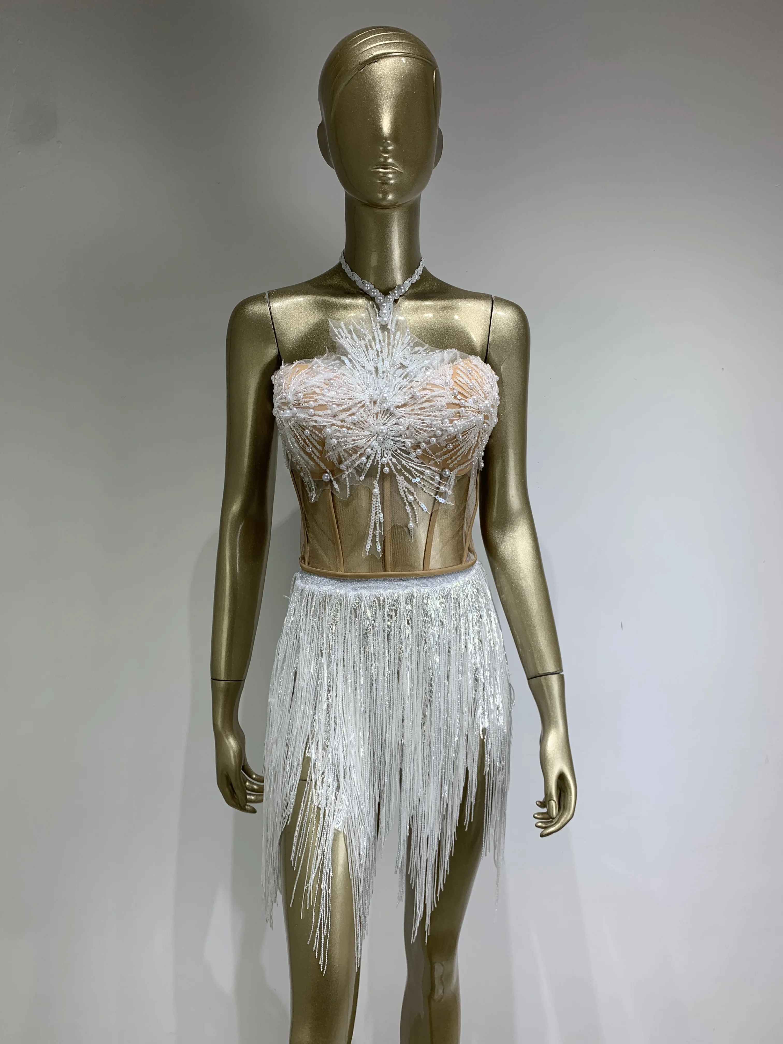 Women Sexy Sheer Transparent Pearl Sequin Neckline Open Back Mini Dress Female Singer Bar Nightclub Stage Performance Clothing