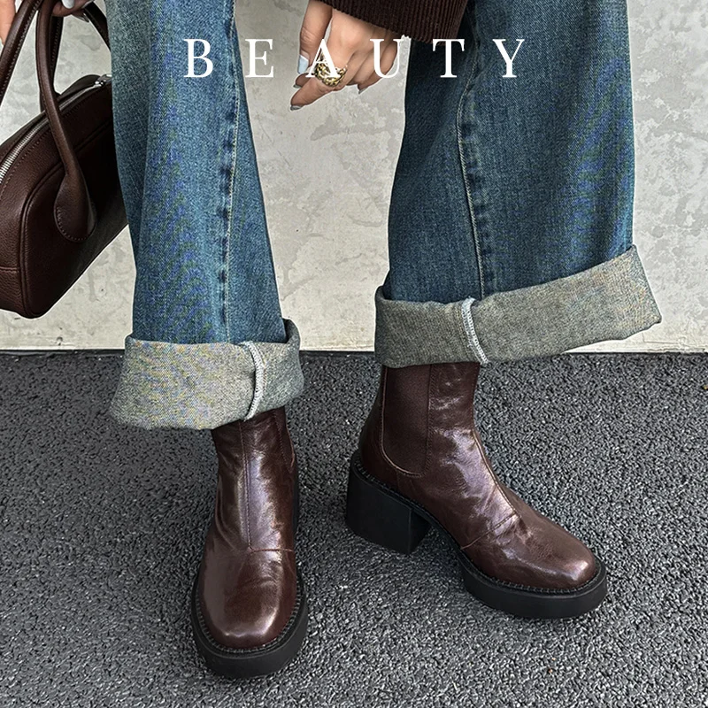 

Platform Boots Slip On Warm Winter Shoes Thick Heel Round Toe Women Short Boots Ladies Retro Shoes Sheepskin Winter Boots