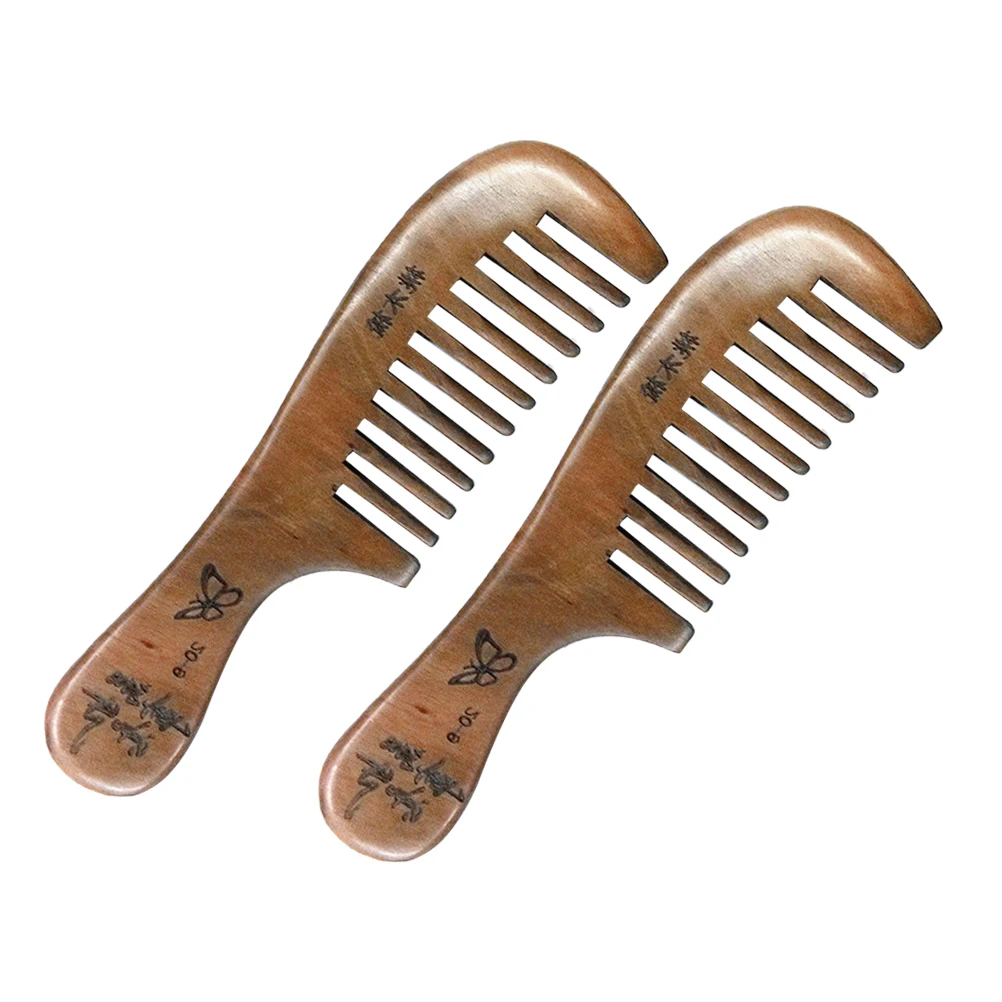 

2pcs Exquisite Peach Wooden Comb Carved Scalp Massage Hair Tool Smooth Teeth Natural Wood Sandalwood Style For Home Use