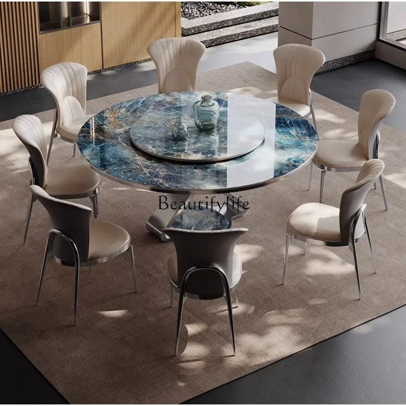 

Super Crystal Stone Dining Table round Table with Turntable Modern Minimalist Marble Italian Light Luxury Stone Plate