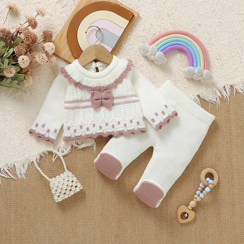 Baby knitted crewneck pullover sweater with footed pants set, stylish newborn sweater with bow and lace, outfit for going out