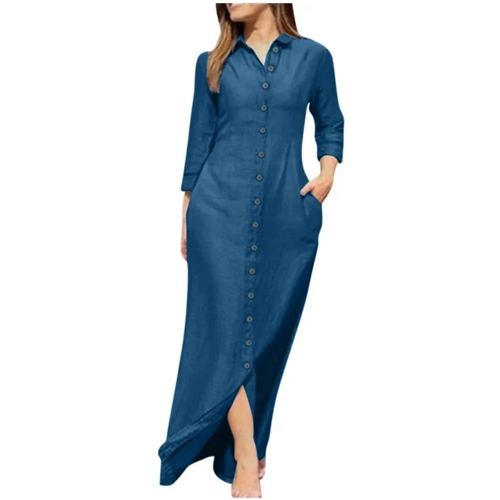 Spring/Summer Women\'s L-5XL Plus Size Elegant Neutral Style Cotton Linen Long Dress Long Sleeved Lapel Solid Color Loose Casual