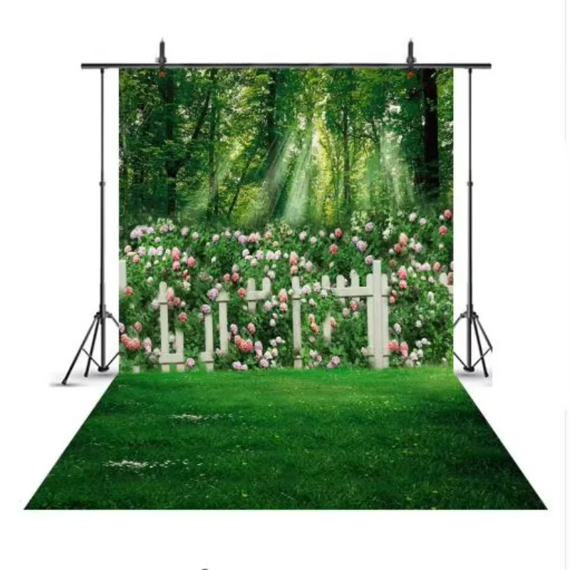 Spring Tree Flower Garden Fence Floor Scenic Baby Photography Background Custom Photographic Backdrops For Photo Studio