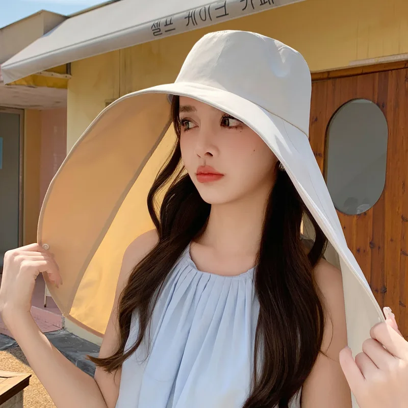 Women's Summer Hat Sun Wide Brim Uv Neck Protection Solar Beach Bucket Hats Shawl Ponytail Cycling Travel Panama Caps Female