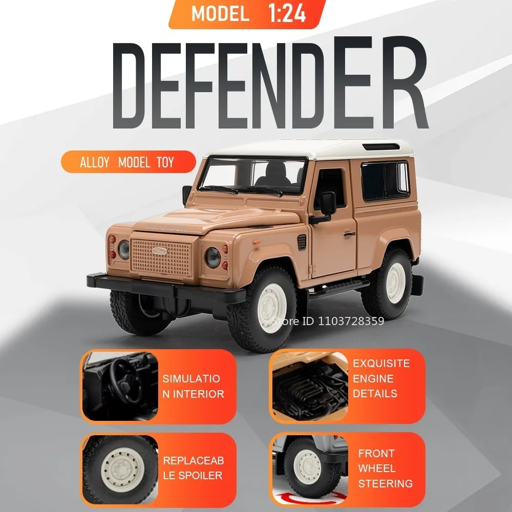 

Масштабная модель Land Rover Defender 1:24, внедорожник, игрушка из литого сплава, открывающиеся двери, амортизация, рулевое управление передними колесами, подарки