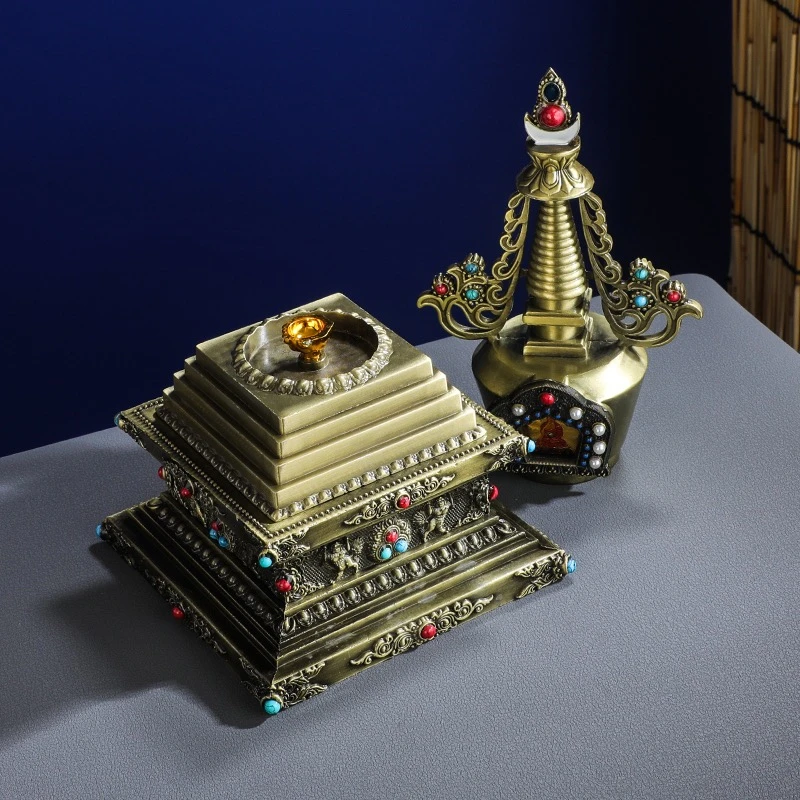 Bronze Tibetan Stupa Tantric Engraved Pearl Inlaid Gem Shiri Buddhist Statue Alloy Handicraft Altars Indoor Desktop Decorative