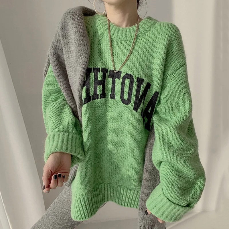 Korean Fashion Candy Color Sweater Pullovers For Women Autumn and Winter Lazy Thicken Sweater Knitted O Neck Letter Knitwear Y2K