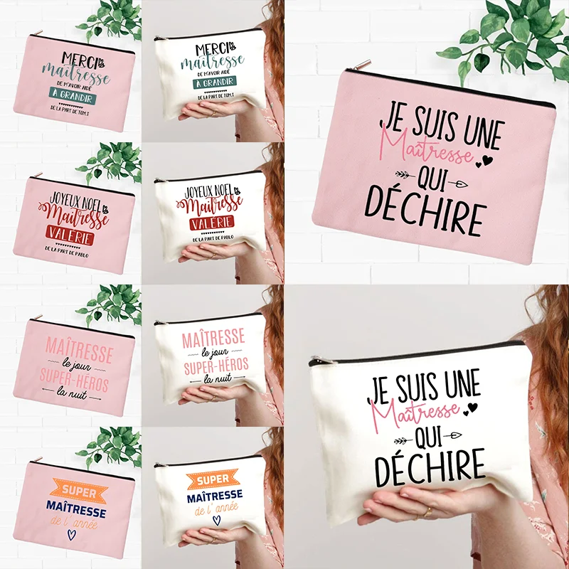 French Thank You Teacher Printed Cosmetic Bag, Multi-use Stationery Storage Pouch Travel Wash Bag Ideal Teacher Gifts