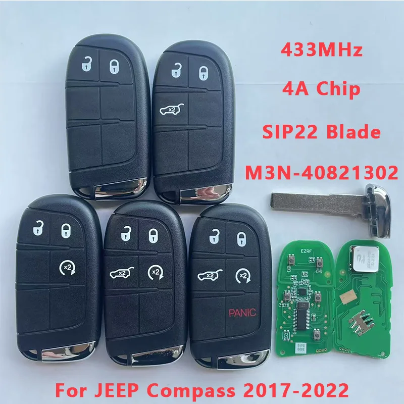 

For Jeep Compass/Trailhawk 2017-2022 Smart Key Fob 3-Button Proximity Keyless Entry 433MHz 4A Chip&SIP22 Blade (PN:M3N-40821302)