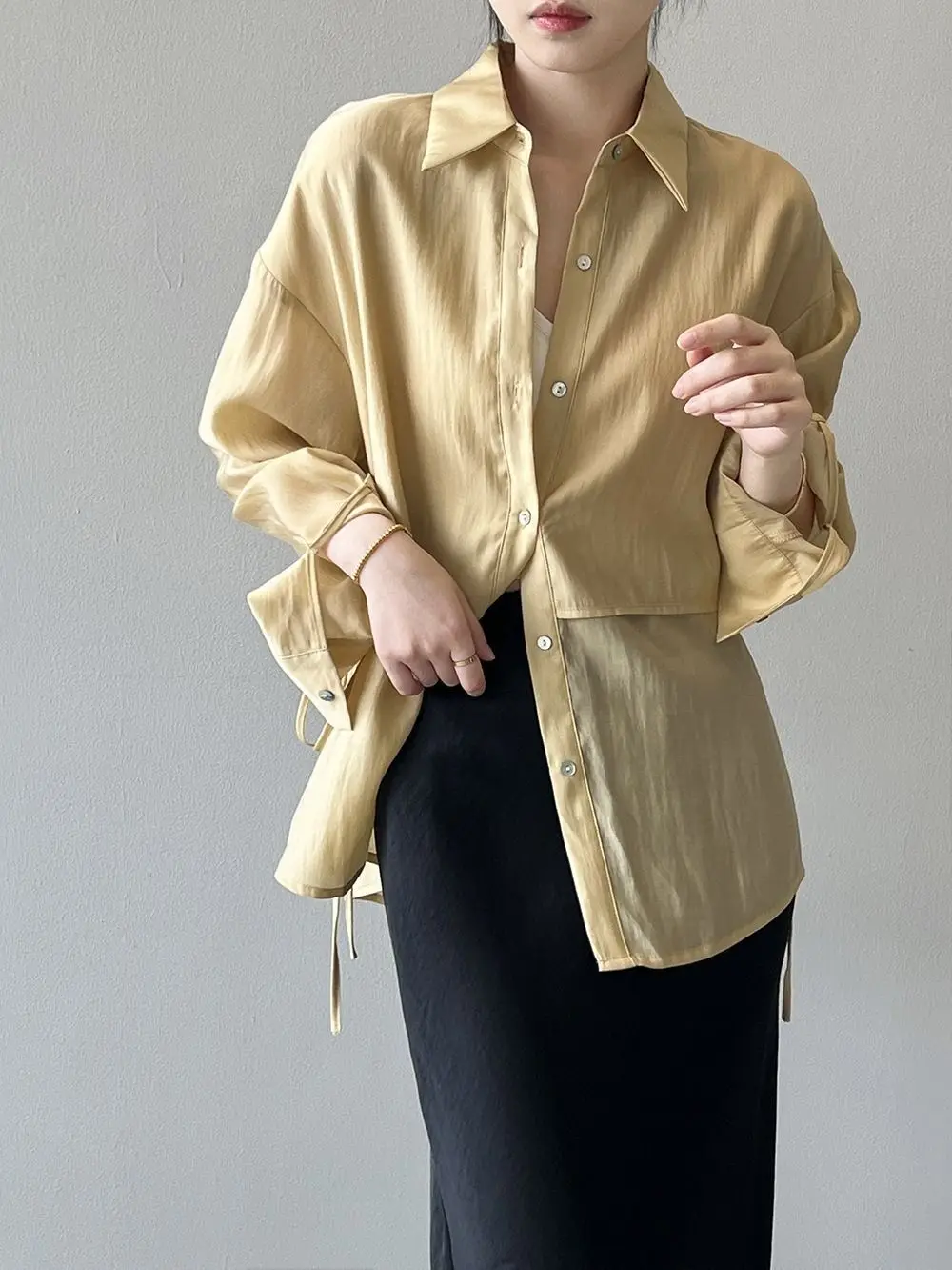 Fake Two-piece Tie-shirt for Women Spring/Summer 2025 Collection Collared Loose-fitting Long-sleeved Top with Temperament