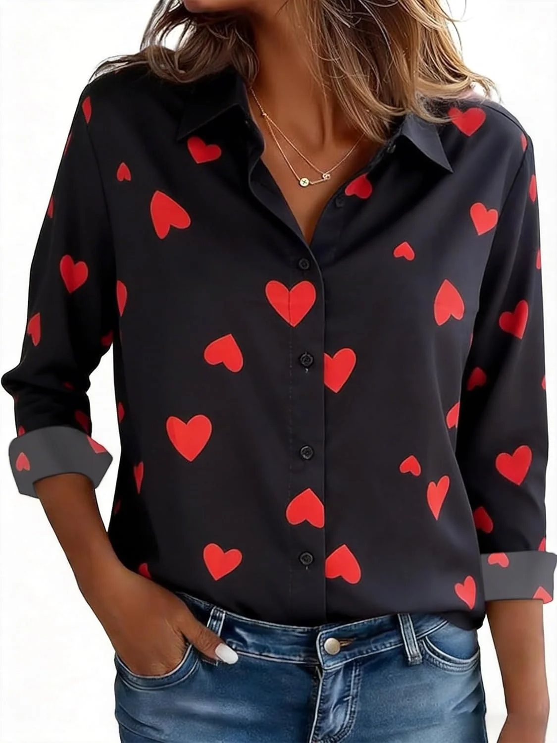 2026 Women's new thin long-sleeved shirt chiffon shirt red heart gold chain 3D printed shirt blush women's street commuting top