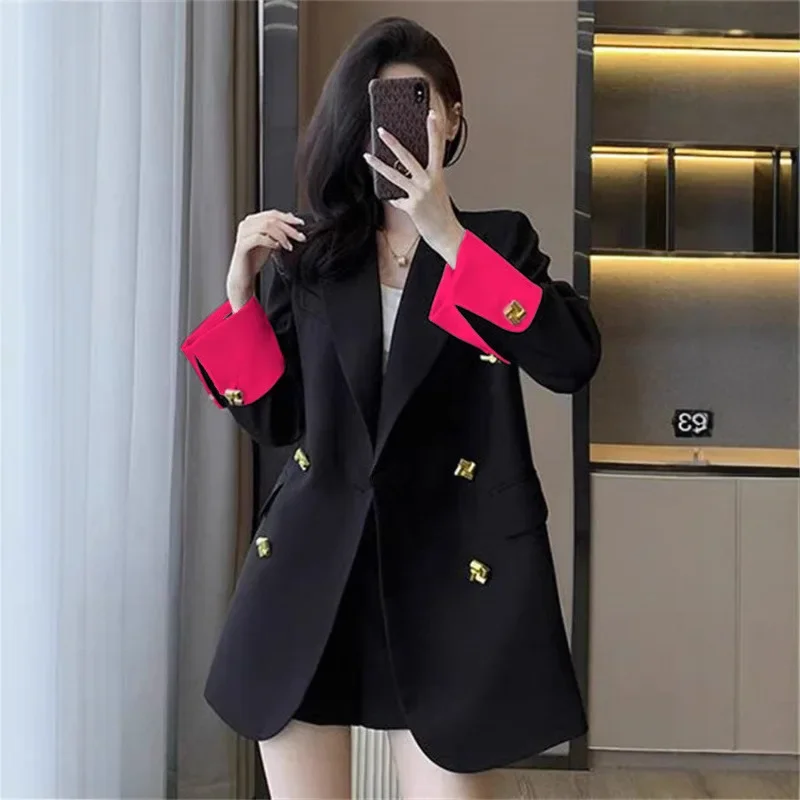 Ropa exterior de primavera y otoño, chaqueta lisa, abrigos para mujer, Chaqueta larga negra, ropa juvenil para mujer, señora de oficina de alta calidad 2025