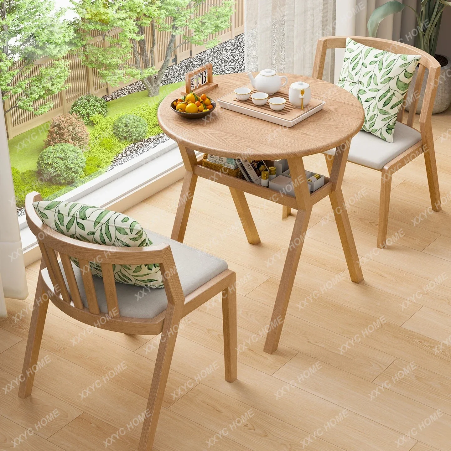 L Balcony casual table and chairs small coffee table set small solid wood round table drinking tea three-piece set