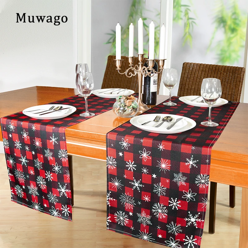 

Muwago Christmas Style Tableflag Plaid And Snow Printing Festive Decor Waterproof And Oil Proof Table Runner For Christmas Eve