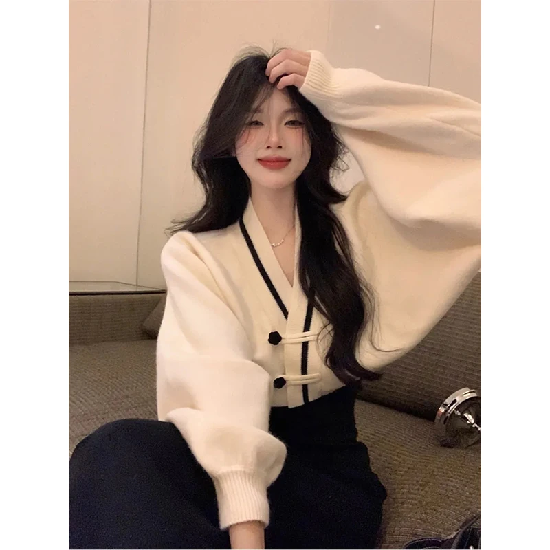 

MEXZT Vintage Knitted Cardigan Women V Neck Cropped Sweater Outerwear Korean Elegant Batwing Sleeve Button Chic Knitwear Jackets