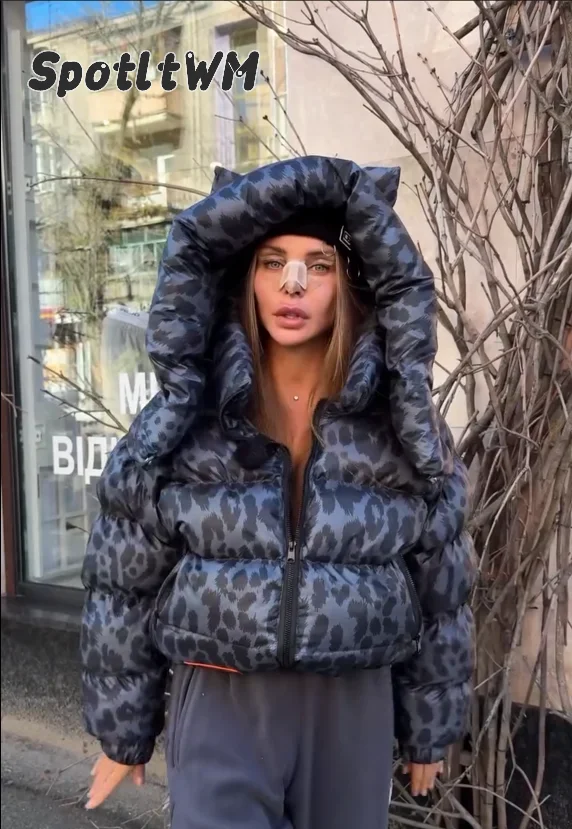 Women Leopard Print Puffer Jacket With Cat Ears Hooded Zip Up Short Down Coat Bubble Sleeve Winter Streetwear Lady Outerwear
