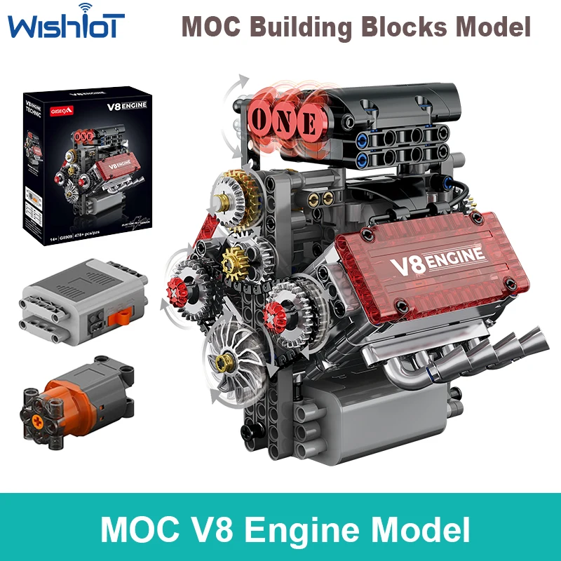 

K96207 MOC V8 Engine Mould Technical set 478pcs Building Blocks With Motor Car Model Assembly Bricks Toys DIY Toy for Kids