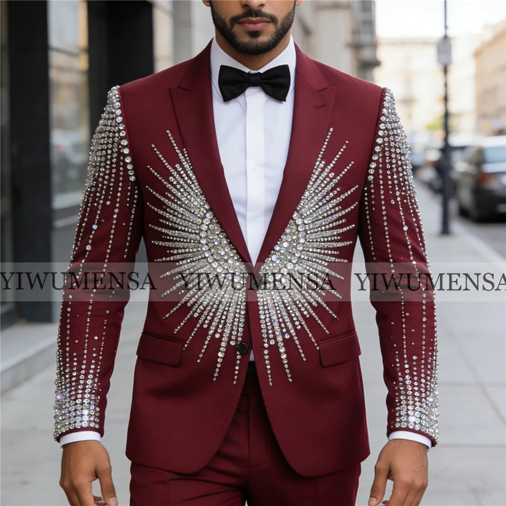 

Brilliant Jewelry Stones Groom Wedding Tuxedos Customized Single Breasted Jacket Pants 2 Piece Sets Man Party Attire Ropa Hombre