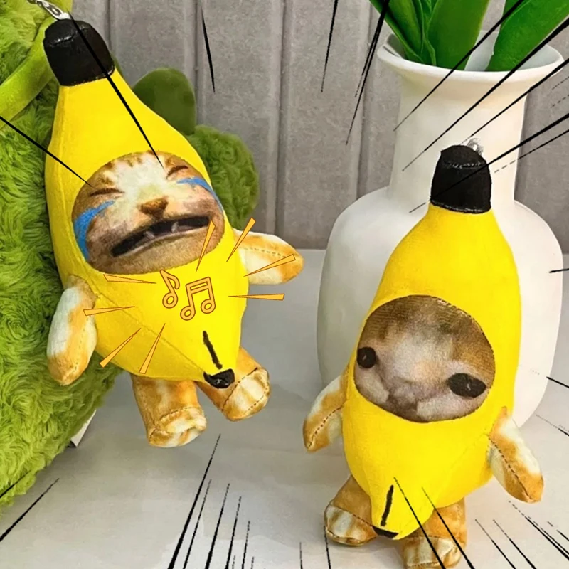 Schlüsselanhänger, Plüsch-Anhänger, niedliche Bananen-Katzenpuppe mit Soundtasche, lustiger Anhänger, Geschenke für Kinder, Klassenkamerad