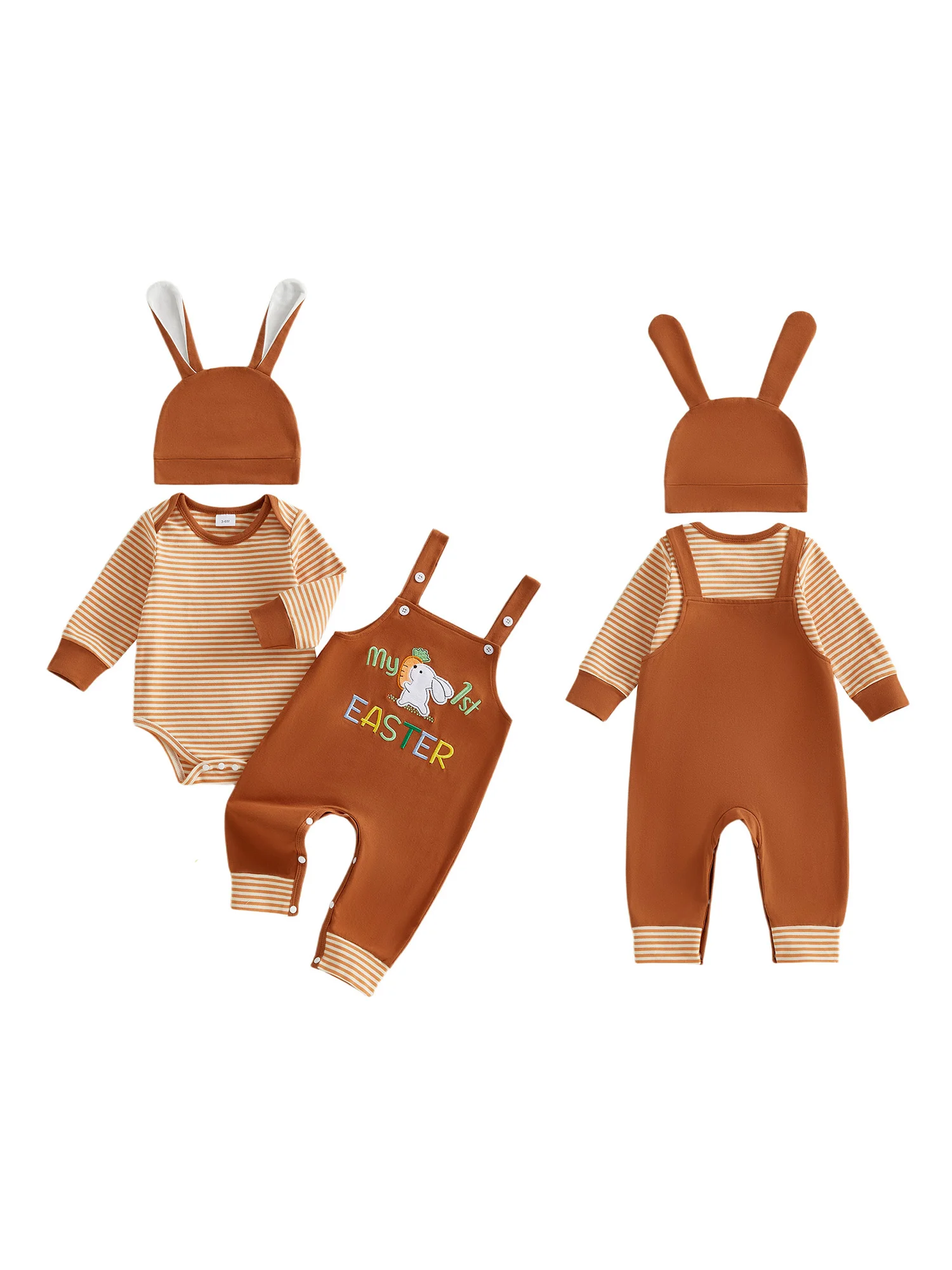 

Adorable Baby Boy Easter Outfit Stylish Long Sleeve Striped Romper with Bunny Embroidery Overalls Matching Hat - 3 Piece Set