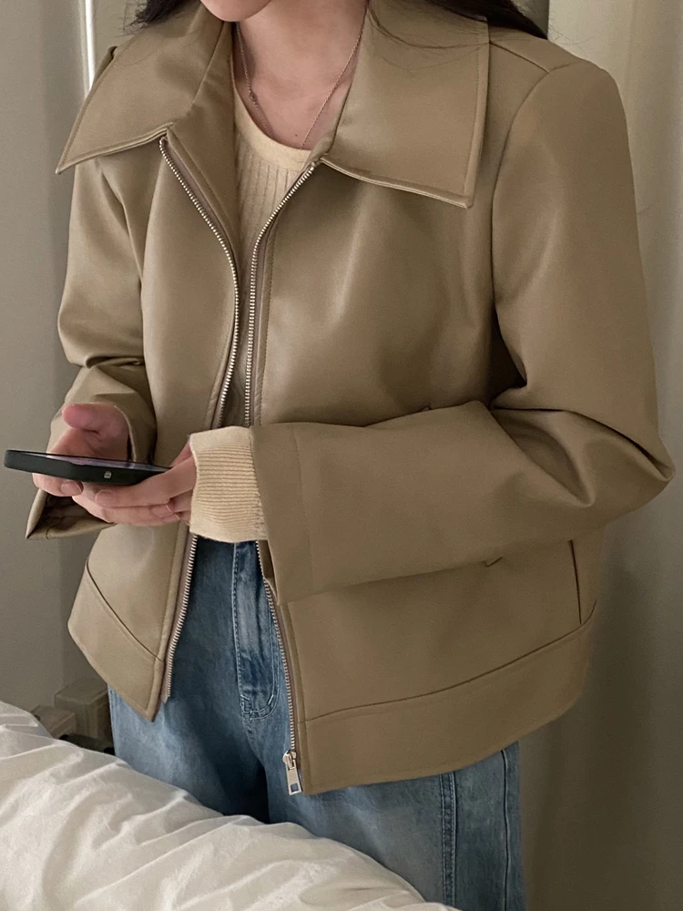 

Kaki Short PU Leather Jacket Women's Autumn Winter 2023 New Retro Design High-End Motorcycle Clothes Jacket Collar Zipper