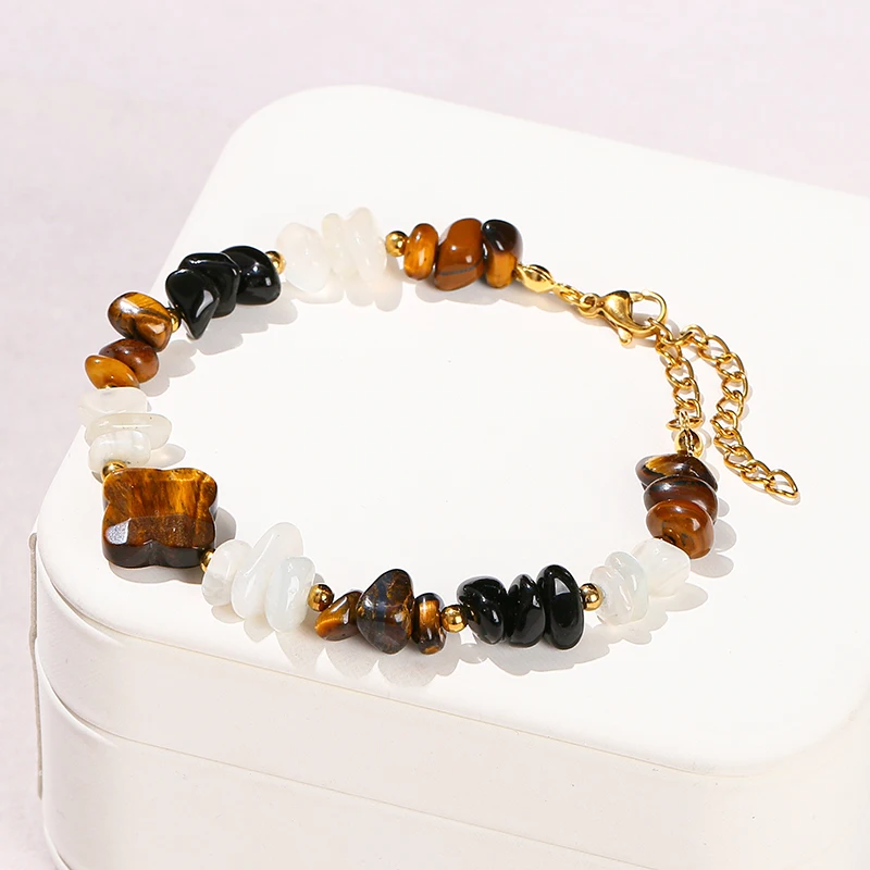 JD Natural Yellow Tiger Eye Stone Black Obsidian Moonstone Chip Bead Four-Leaf Clover Lucky Bracelet Women Reiki Healing Bangles