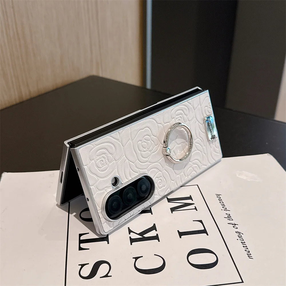 حافظة هاتف فاخرة من الجلد باللون الأبيض والوردي لهاتف سامسونج جالاكسي Z Fold7 fold3 4 Fold6 fold5 مع حافظة حلقية مقاومة للصدمات Funda #2