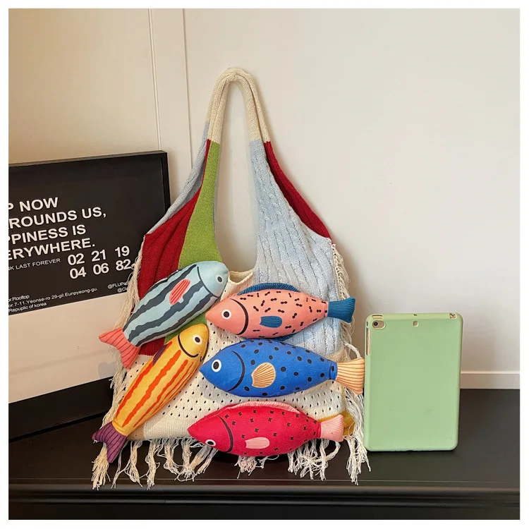 Summer Cotton Crochet Shoulder Bag Large Capacity Fish Hollow Out Woven Bag for Women Simple Contrast Color Tassel Beach Handbag