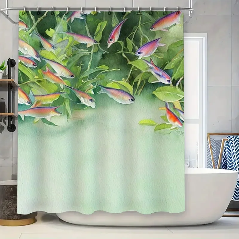 

Яркая занавеска для душа с рисунком рыбы, зелень, водонепроницаемая ткань, красивый декор для ванны для украшения дома, быстросохнущая