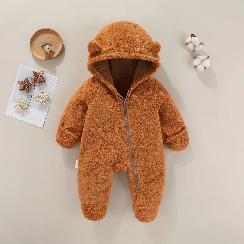 AYNIGIELL Autumn Baby Jumpsuit Warm Infant Hooded Plush Rompers Newborn Girl Overalls Spring Toddler Clothes