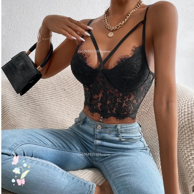 Women Corset Camisole Adult Solid Color Lace Hollow-Out Sleeveless Backless Spaghetti Strap Crop Tops Summer