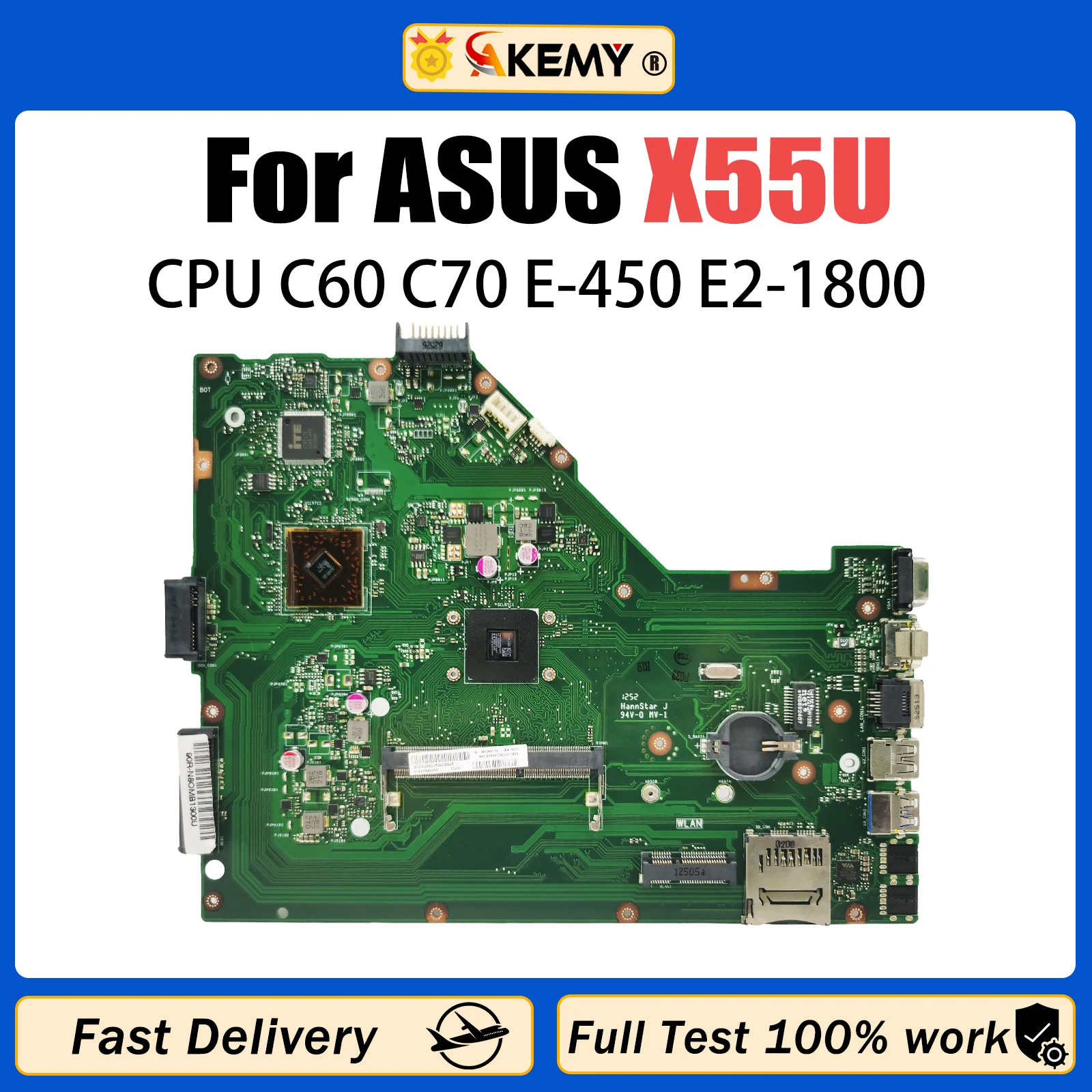 AKEMY X55U Notebook Mainboard For ASUS X55U Laptop Motherboard C60/C70 E-450 DDR3 Fully Tested