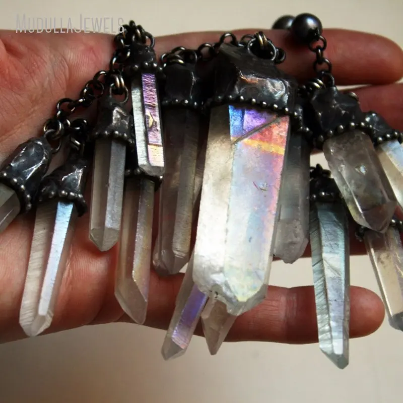 5pcs Angel Aura Quartz Pearl Rainbow Iridescent Crystal Bib Long Statement Necklace Women Y2K Emo Boho Goth Jewelry