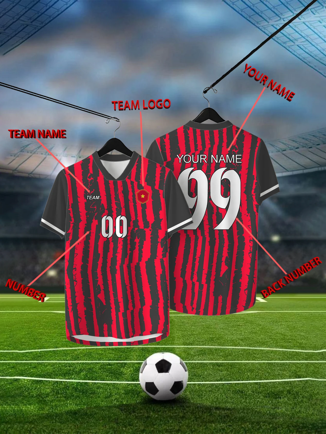 

Customized Geometric Red Short Sleeved Shirt with Team Name, Emblem, Name and Number, Outdoor Sports Short Sleeved T-shirt