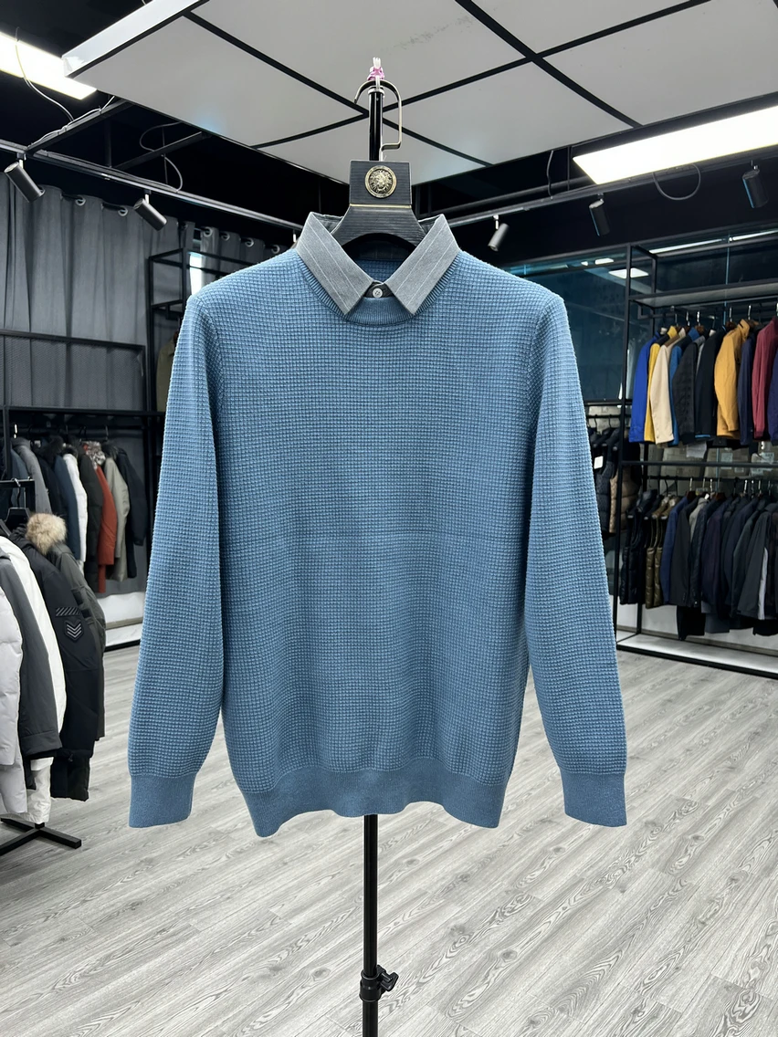 

Мужской вязаный свитер с имитацией двухслойности, воротником-рубашкой, тонкой вязкой, молодежный, простой, осенний, с длинными рукавами