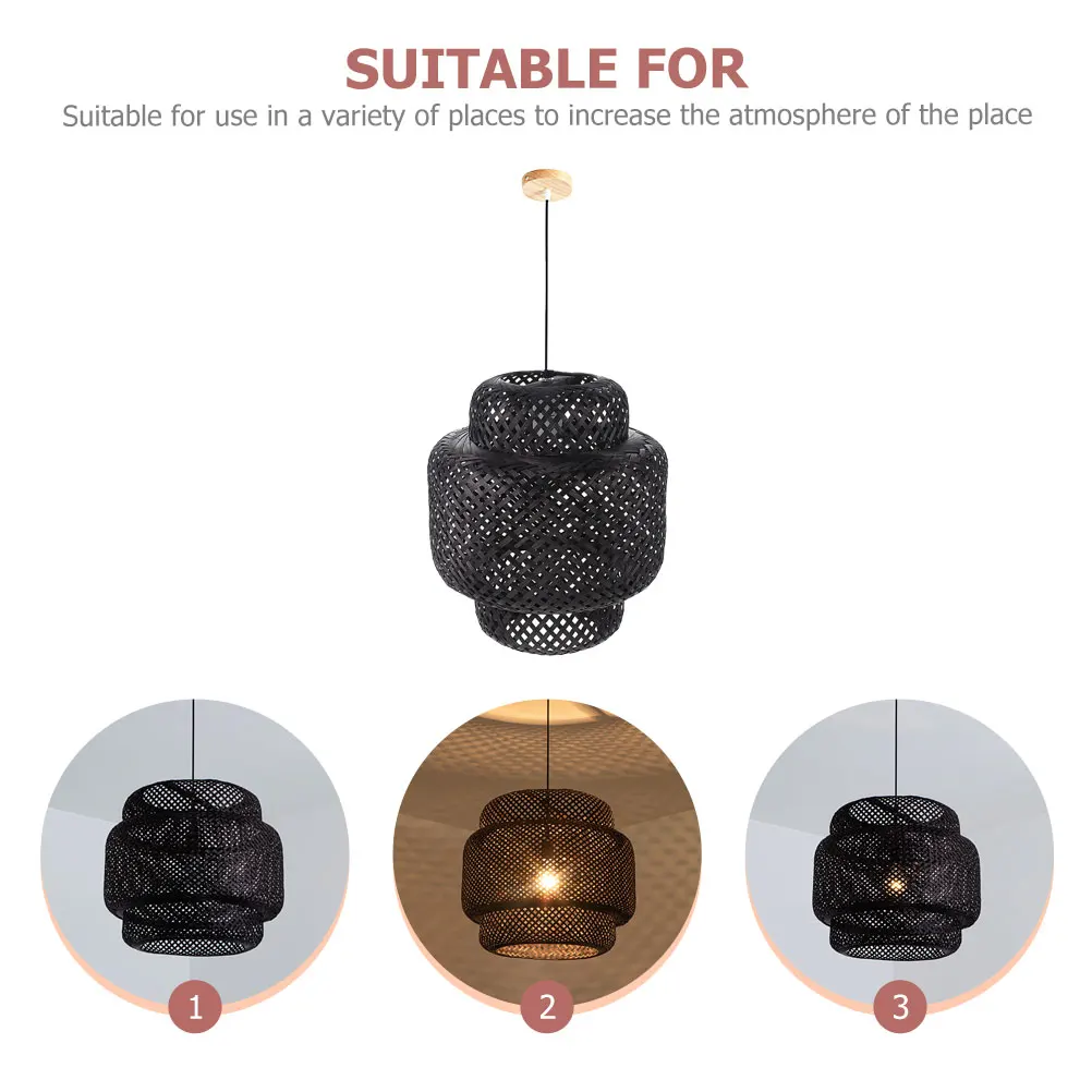 

Bamboo Woven Pendant Light 30cm Black Shade for Dining Table Home Decor Retro Style Hanging Lampshade Ceiling Lantern