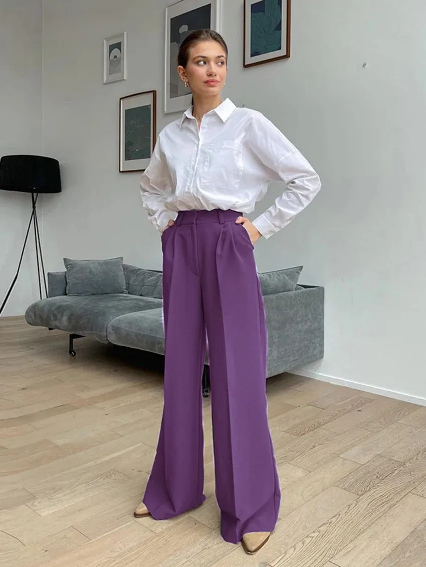 Blue Office Women'S Pants 2025 Fashion Loose Full Length Ladies Trousers Casual High Waist Wide Pants For Women