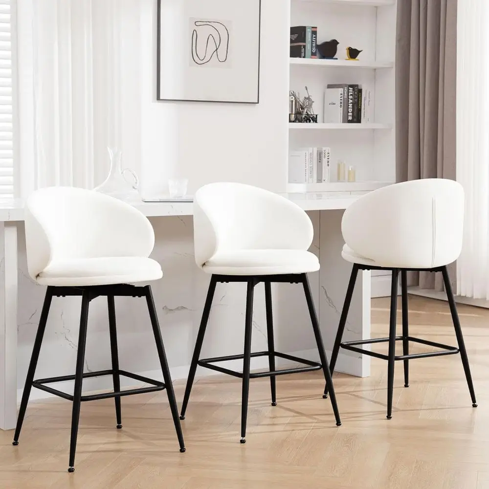 

Set of 3 Cream White Velvet Swivel Bar Stools with Back for Kitchen Counter Height