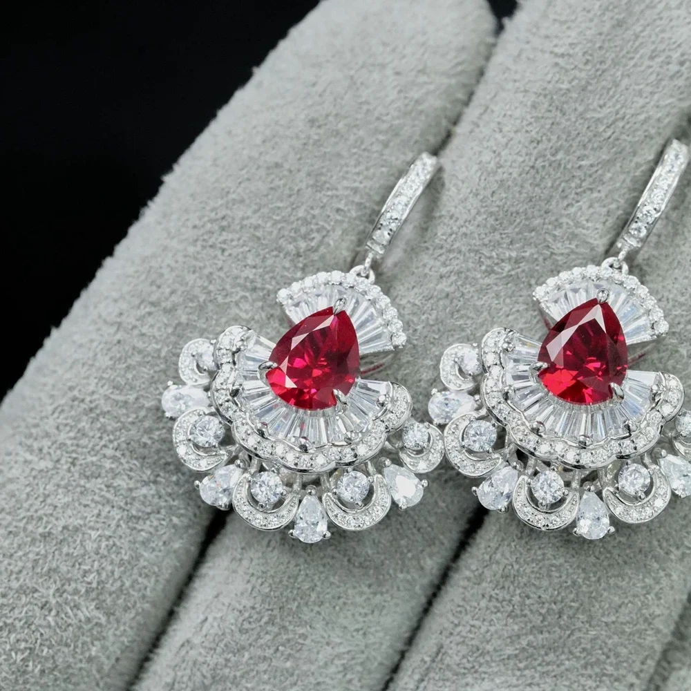 Wong Rain Vintage 925 Sterling Silver Pear Cut Ruby Sapphire High Carbon Diamond Gems Drop Earrings for Women Studs Fine Jewelry